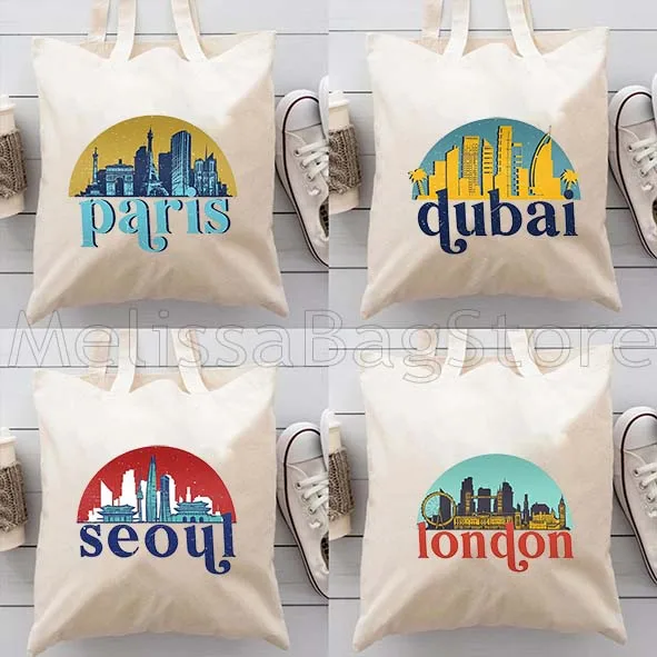 London Dubai Paris New York Skyline Cityscape Art Women Canvas Shoulder Tote Bag Harajuku Handbag Shopper Reusable Shopping Bags