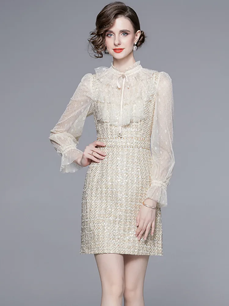 Luxury Celebrity Temperament Tweed Dresses Women Stand Collar Flare Long Sleeve High Waist Patchwork Mesh Sequin Woolen Dress