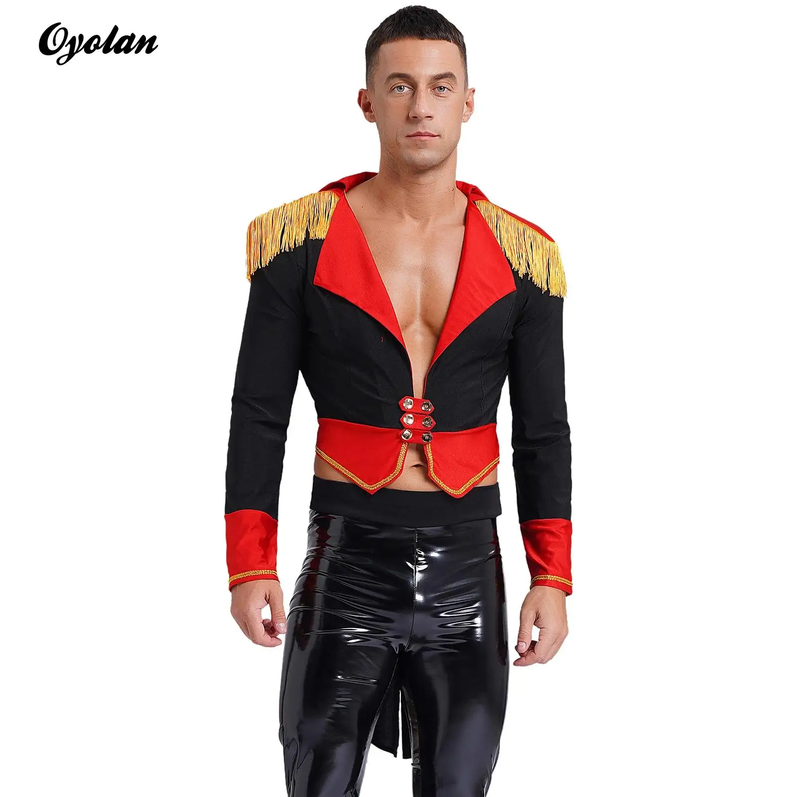 Mens Magician Halloween Cosplay Costume Circus Outerwear Circus Ringmaster Long Sleeve Deep V Neck Double-Breasted Tailcoat