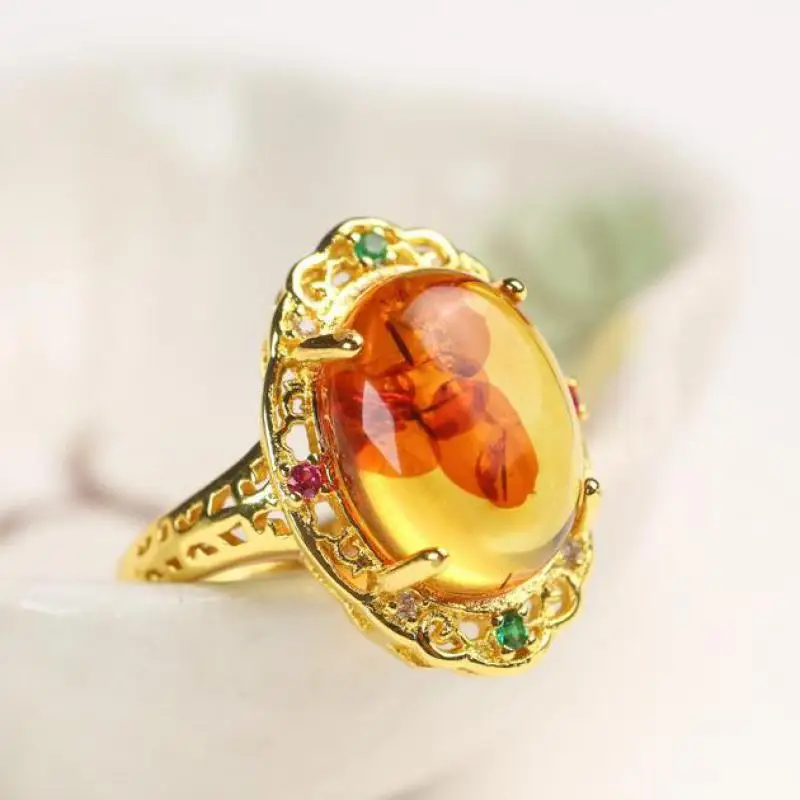 Natural Amber Flower Ring Adjustable Women Gifts Healing Gemstone Fine Jewelry Genuine Baltic Amber Floral Colored Zircon Rings