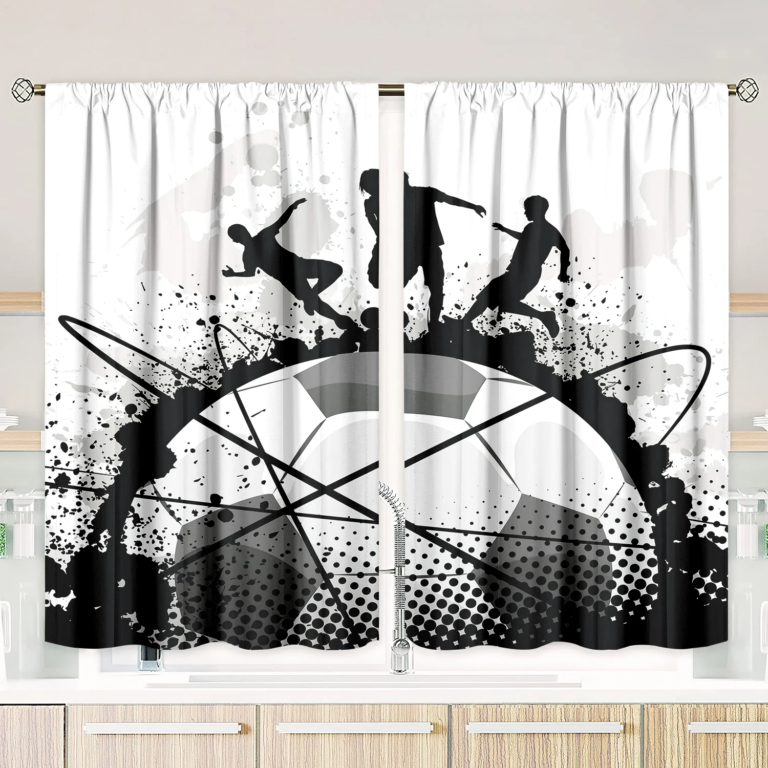2 pieces of football sketch pattern printed curtains, bedroom and living room, home decoration, room decoration