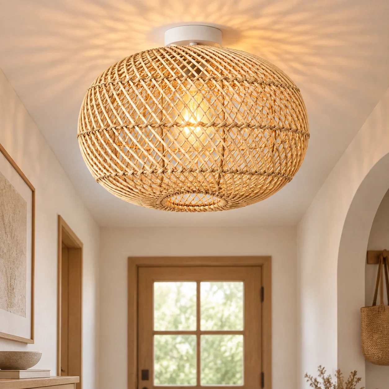 JOYINLED 40CM Rattan Ceiling Lamp Shade Beige Hand-Woven Wicker Light Fixture Boho Chandelier Cover E27 E26 for Bedroom Kitchen