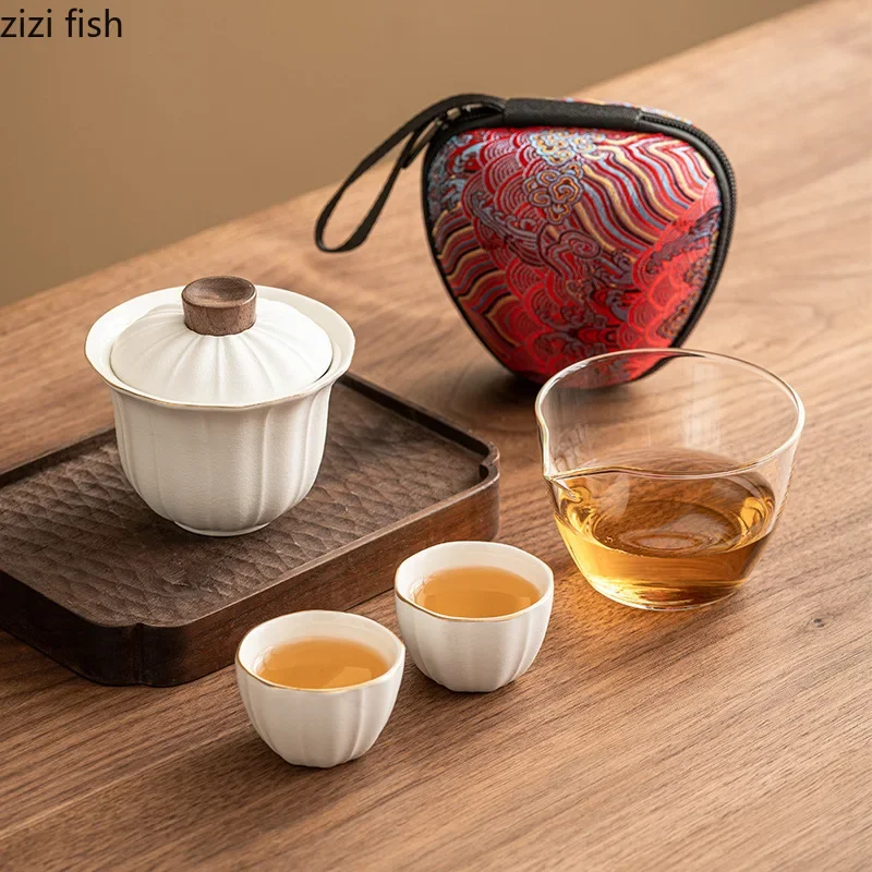 

Стеклянный керамический дорожный чайный сервиз, портативное оборудование для приготовления чая на открытом воздухе, один горшок, две чашки, чайник, горшок для приготовления чая, чайная посуда