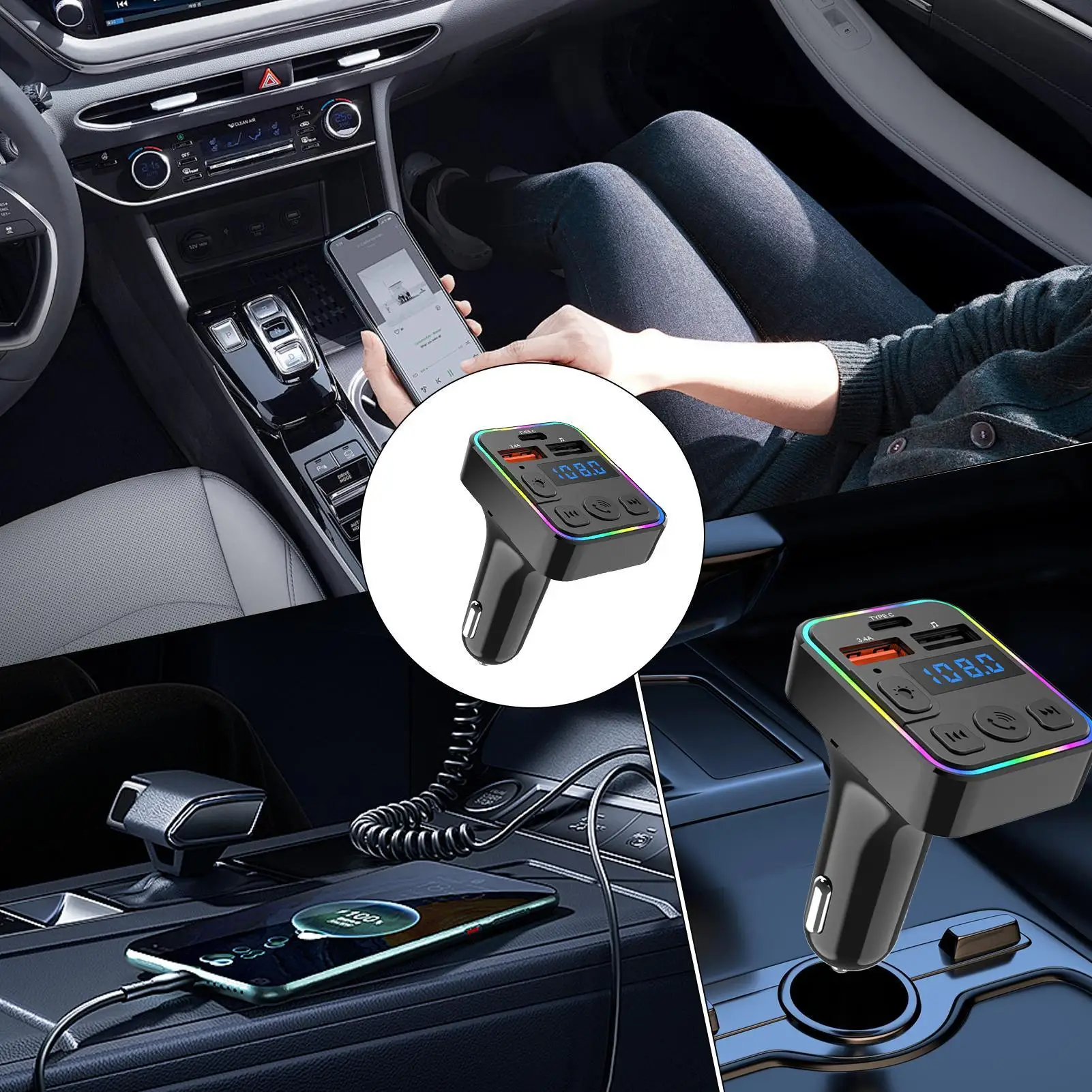 C14 سيارة FM الارسال شحن سريع Bluetooth5.3 مشغل مزدوج الموسيقى نوع-C الملونة المحيطة MP3 ضوء ولاعة السجائر USB