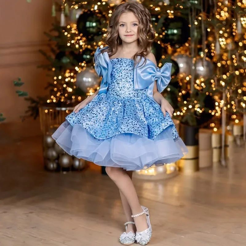 

Pink Tulle Sequin With Bow Sleeveless For Wedding Prom Birthday Party Banquet Holy Communion Gown Customized Flower Girl Dress