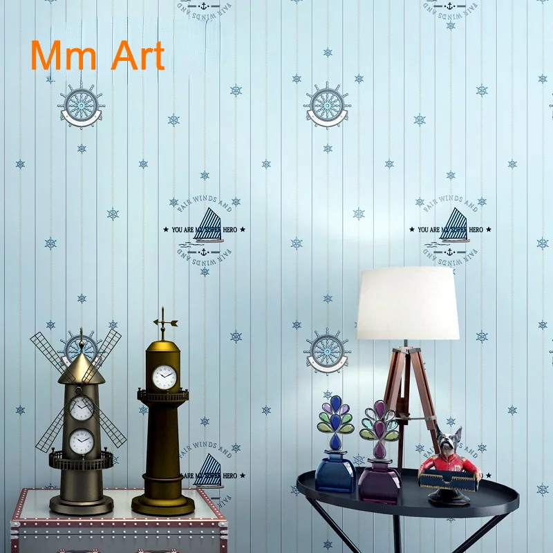 

Бесшовное льняное настенное покрытие в средиземноморском стиле для спальни, мультяшный парусник, настенное покрытие в вертикальную полоску для спальни