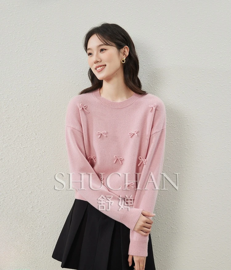 2024 Soft Knitted Bow Crew Neck Pullover Knitted Sweater 24 Autumn and Winter Sweater Women  Pullover