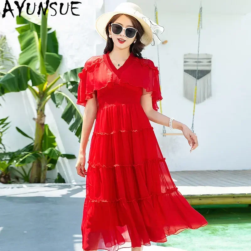 2024 Women's 100% Real Silk Dress Summer White Dress Woman Clothes Elastic Waist Elegant Dresses For Women Streetwear Robe Femme