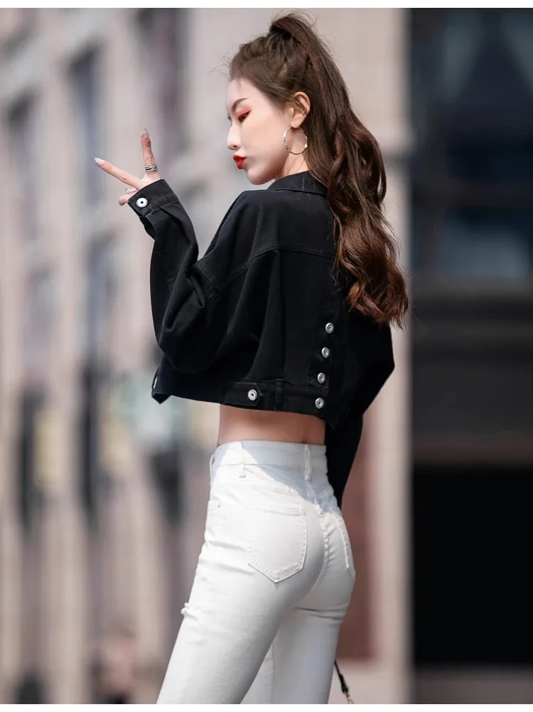 Petite Friendly Chaqueta vaquera recortada para mujer primavera otoño manga larga de gran tamaño elevado azul claro corto Denim Top prendas de vestir exteriores