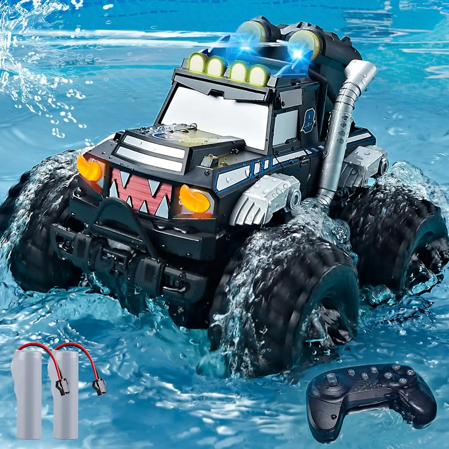 Remote Control Car 3-in-1, RC Boat with Water Gun, 2.4GHz All-Terrain Waterproof Monster Truck for Boys 4-7, 2 Batteries 70 Min Playtime, Birthday Gift Pool Toy for Kids 4-8