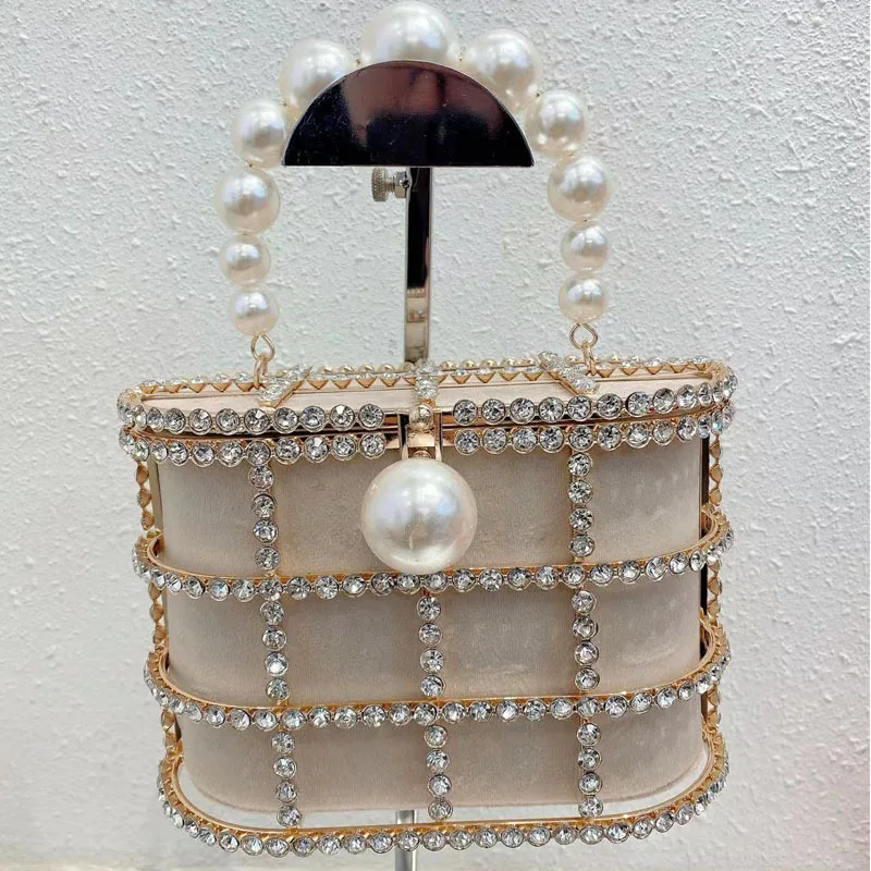 

Hollow-out Metallic Pearl Silk Crossbody Bags Satin Birdcage Basket Handbag Banquet Shiny Diamond All-match Women Bag