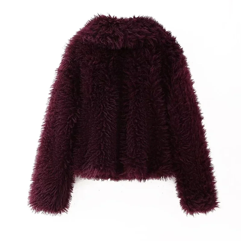 2024 New Wine Red Color Women Cropped Faux Fur Jacket Open Front Fur Coat Lapel Collar Casual Fluffy Fur Outerwear Plush Parka