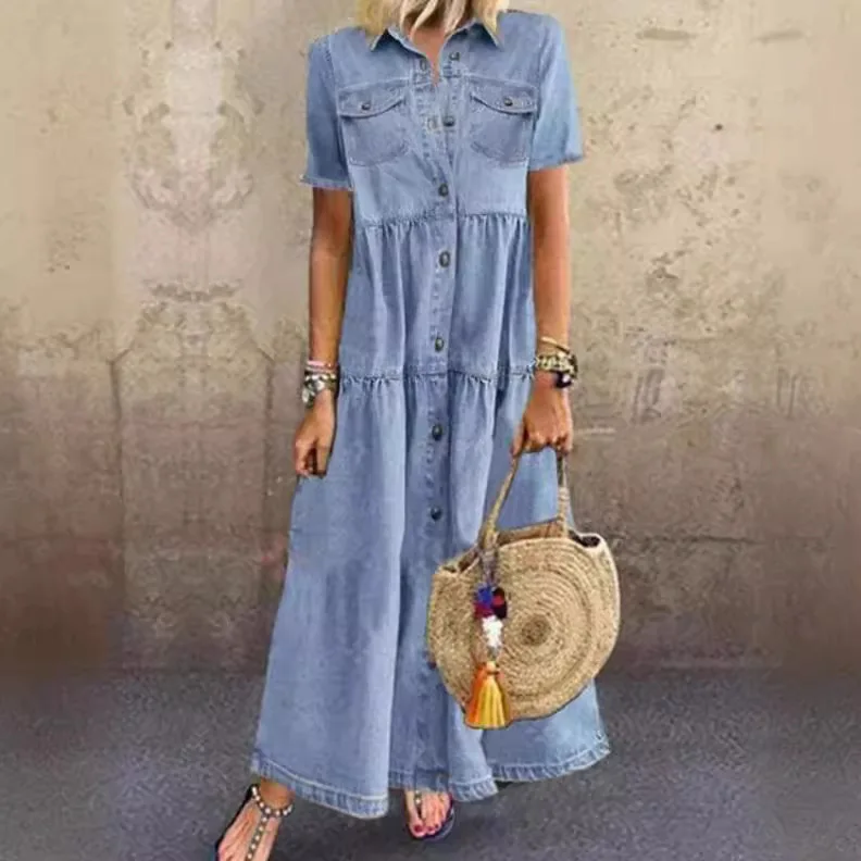 Women's New Fashion Denim Long Dress 2024 Spring And Summer Single-breasted Multi-button Retro Pocket Short-sleeved Dress