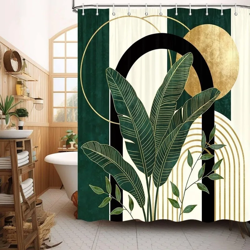 Waterproof Shower Curtain No Drill Dark Green Gold Foil Geometric Tropical Plant Print Bathroom Decor with 12 Hooks