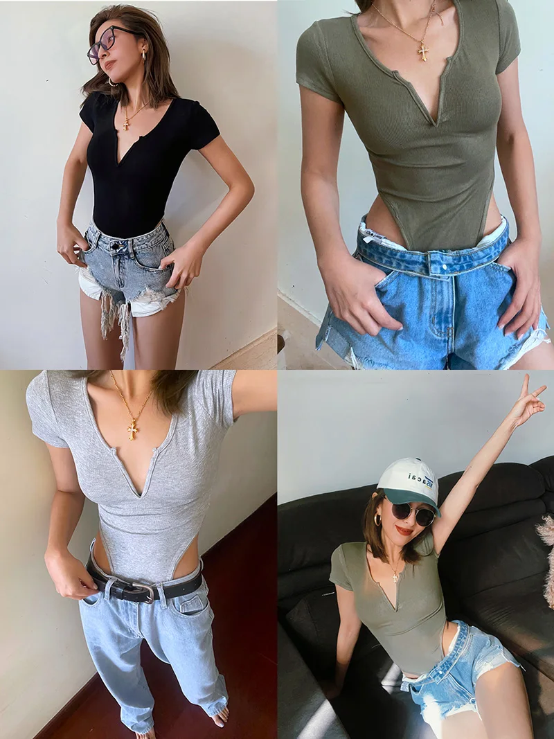 Women Skinny Fit T-shirt Bodysuit With Plunge Notch Neck In Rib