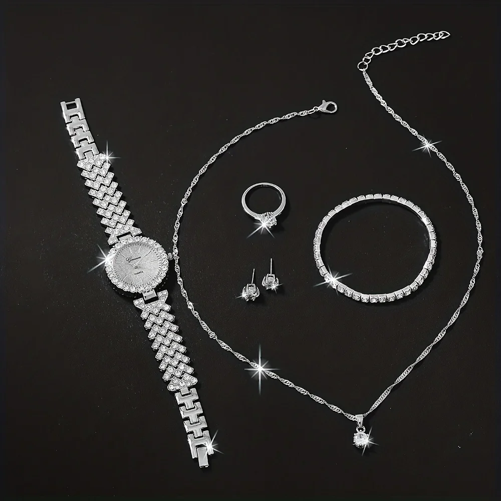 1pc Rhinestone Decor Quartz Watch Elegant Analog Wristwatch & 5pcs Jewelry Set, Festival Gift For Women
