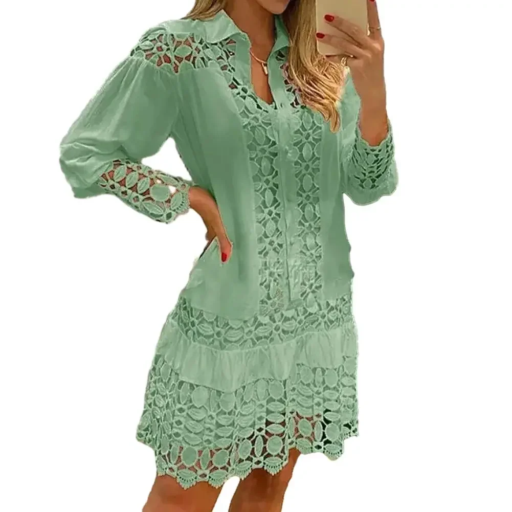 

Sexy Women\\'s Hollow Out Lace Dresses Solid Color Single Breasted Splicing Long Sleeve Cutout Shirt Female Dress Clothing