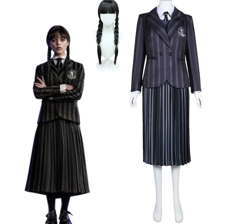 

Anime Addams Cosplay Wednesday Costume Suit Dress Vest College School Uniforms Girl Women Christmas Clothing Wig Costume