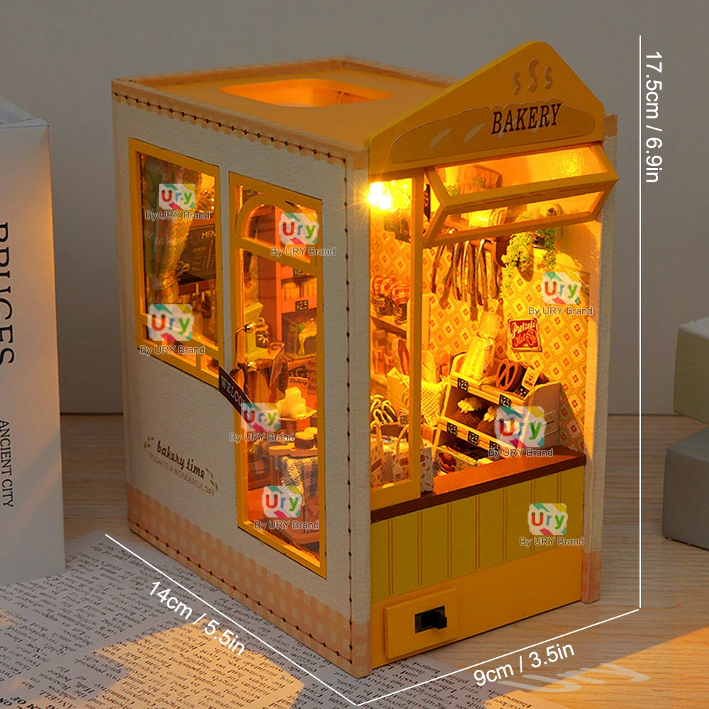 Ury 3D Wooden Puzzle LED Bakery Baking Workshop DIY Book Nook European Shelf Insert Miniature Fairy Tale Town Girl Xmas Gifts