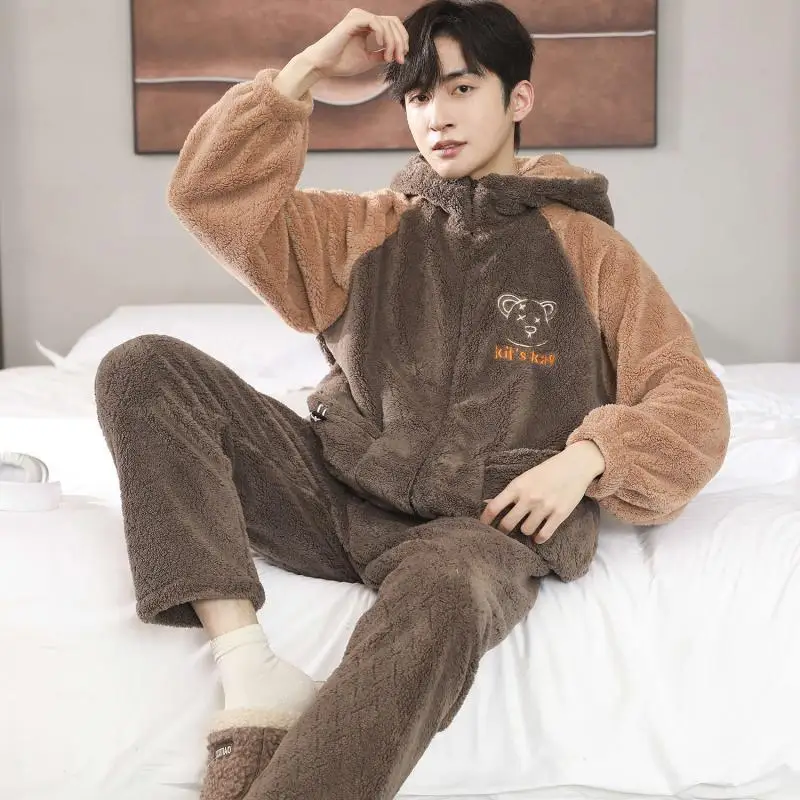 Winter Warm Men Homewear Pajamas Set Coral Fleece Thicken Sleepwear Long Sleeves Hooded 2 Pcs Shirt&pants Loose Loungewear