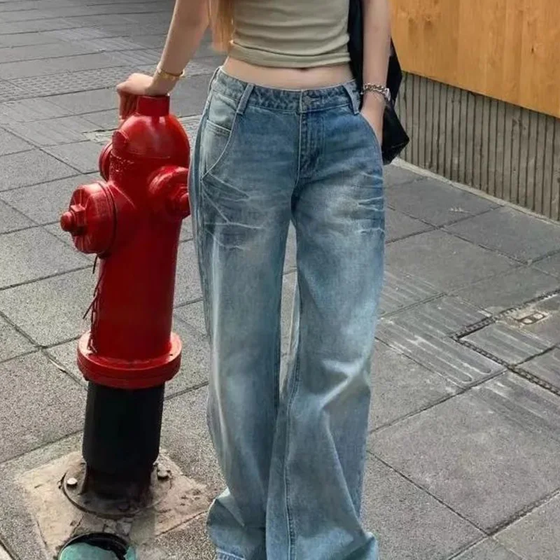 

Female Korean Low Waisted Jeans Pants Lady Comfortable Slim Fit Denim Pants Women Loose Straight Leg Jeans Trousers