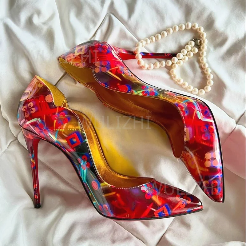 

Pump Style Vibrant Red Metallic Leather Sandals Girls Cute Stiletto Heels Colorful Graffiti Pointed Toes Sexy Gold Bling Women