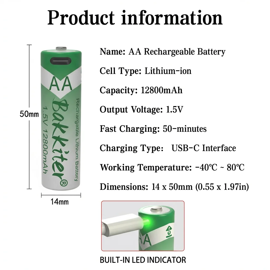 BaKKiter 1.5V AA 12800mAh USB Rechargeable Lithium Battery , Fast Charging Li-ion AA Battery 2000Cycle with Typle- C Port Cables