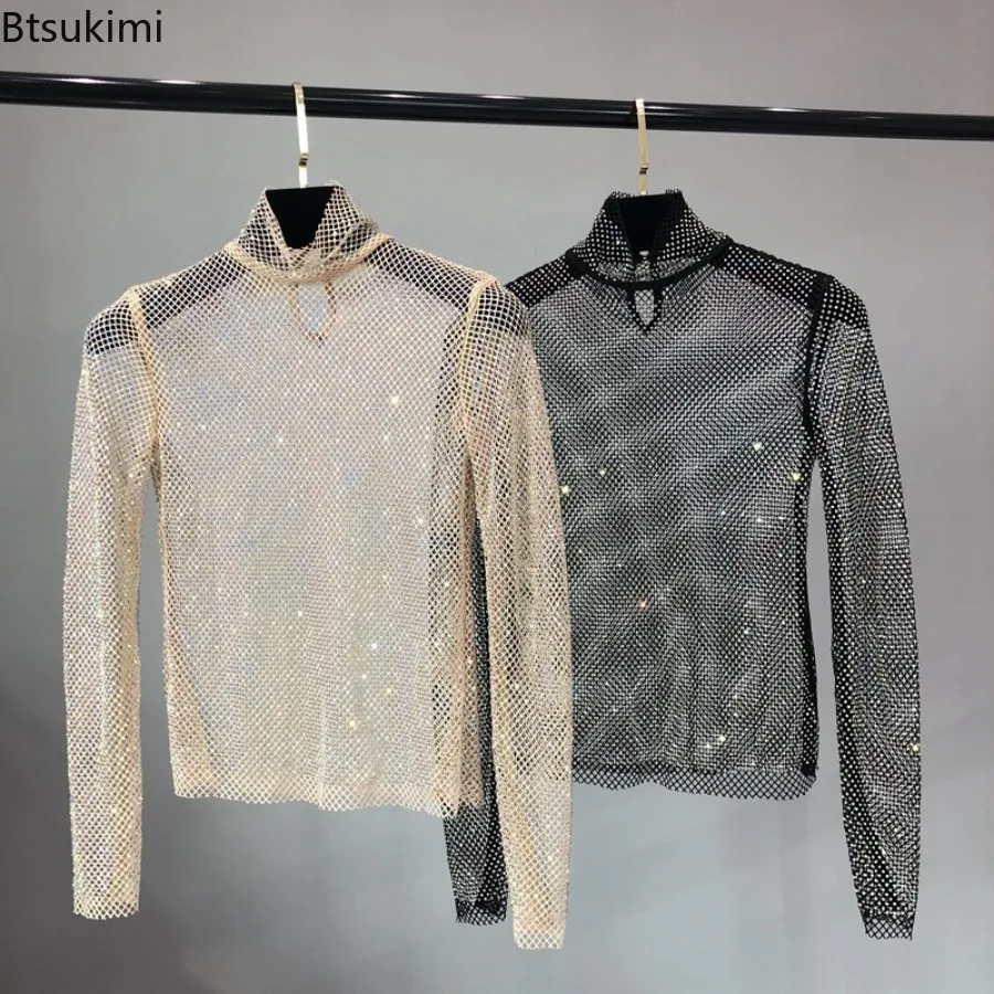 Women Glitter Rhinestone Mesh Turtleneck Long Sleeve Hollow Sheer See‑Through T-shirt New Summer Casual Party Layering Basic Top