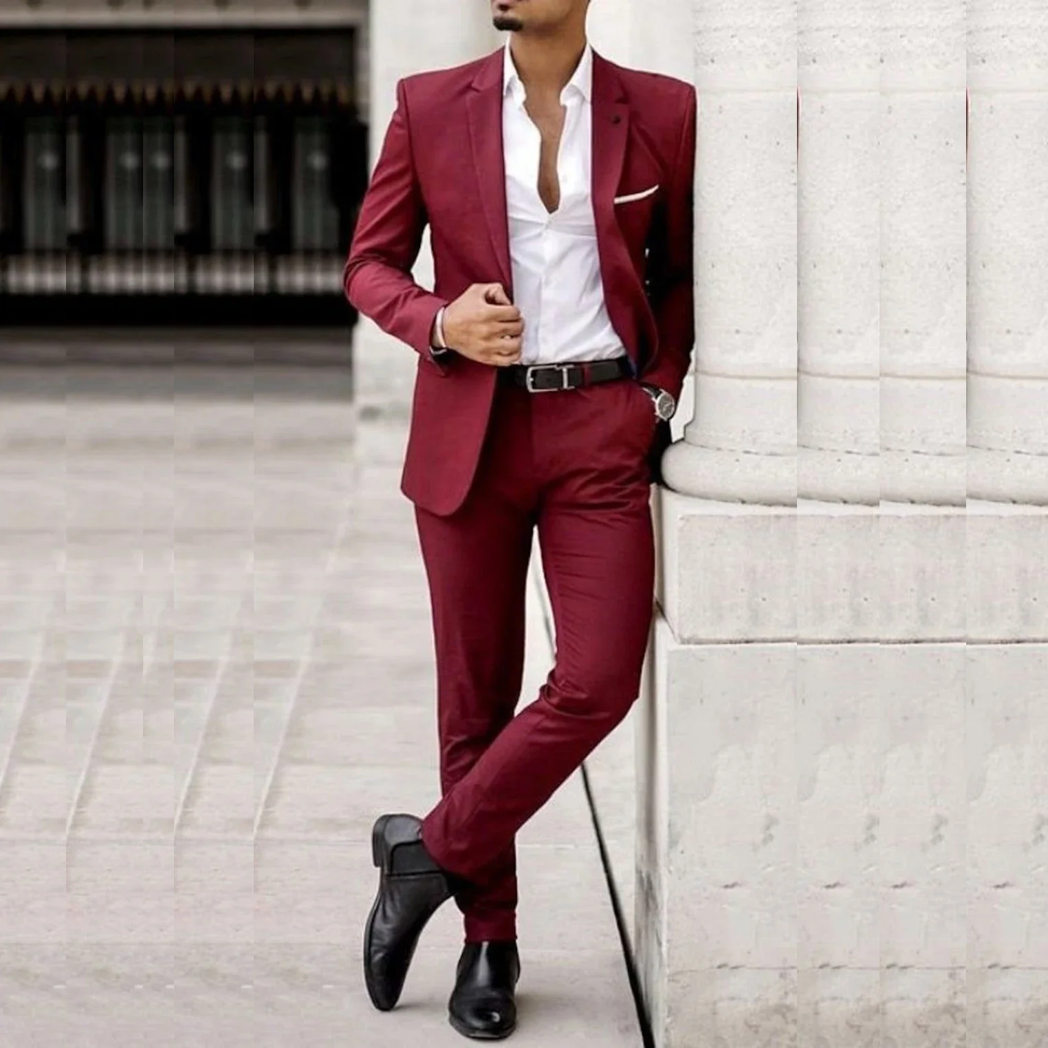 

Burgundy Men Suits Casual Blazer Single Breasted Notched Lapel Hombres Luxury Skinny 2 Piece Jacket Pants Slim Fit Tailor-made