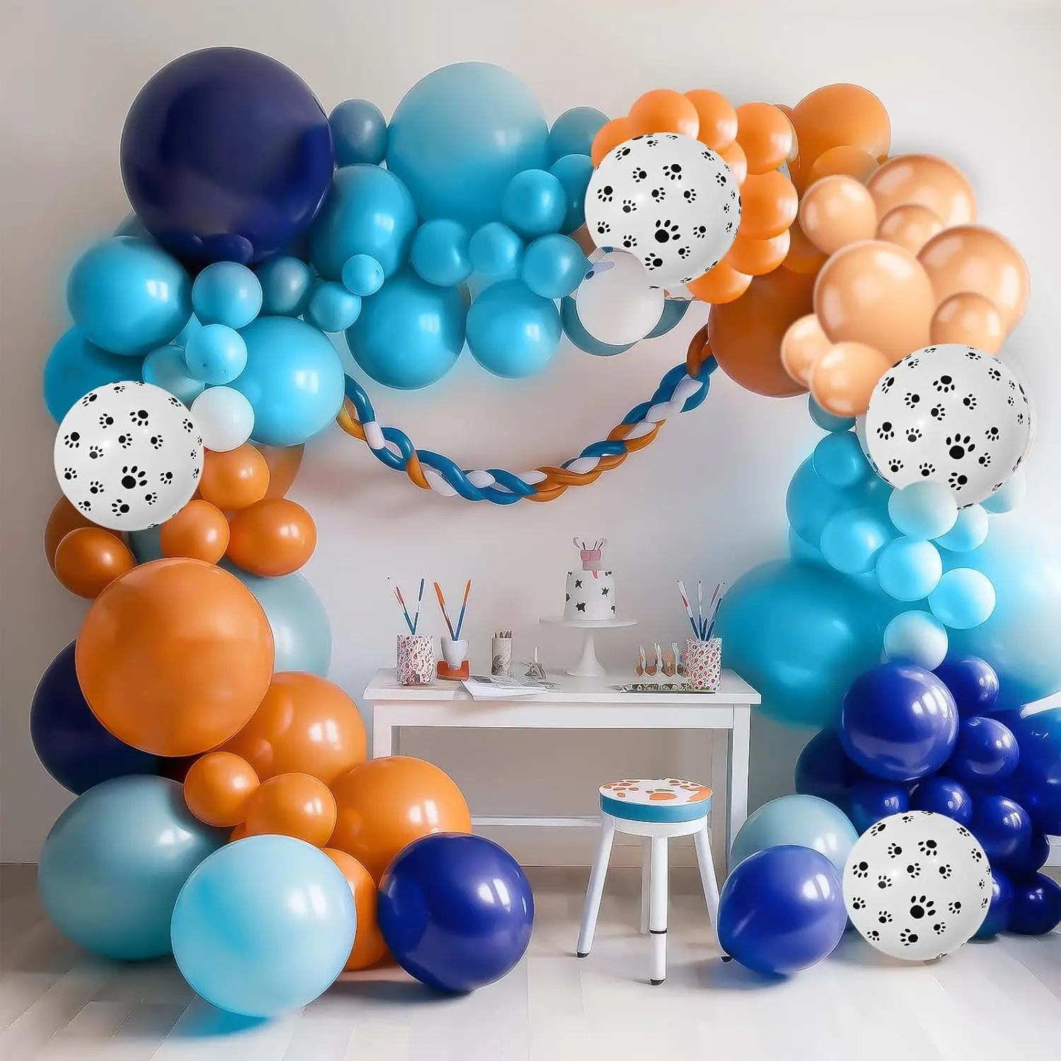 مجموعة إكليل بالونات باللون البرتقالي والأزرق والبيج، مع بالونات مطبوعة بمخلب الكلب، مناسبة لتزيين حفلات أعياد الميلاد على شكل جرو #6