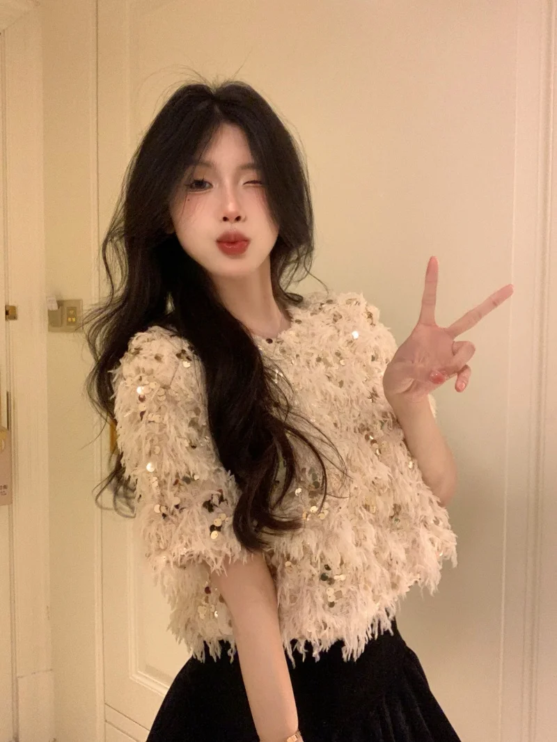 Spring 2023 Women\'s Short Sleeve T-Shirt Glittering Beautiful Design Sensation Elegant Loose Short Top Korean Style round Neck