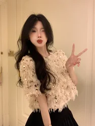 Spring 2023 Women's Short Sleeve T-Shirt Glittering Beautiful Design Sensation Elegant Loose Short Top Korean Style round Neck