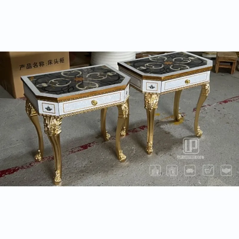 French Solid Wood Nightstand with Gold Foil Carving and Shell Inlay Soft Close Drawer Bedroom Living Room Corner Table
