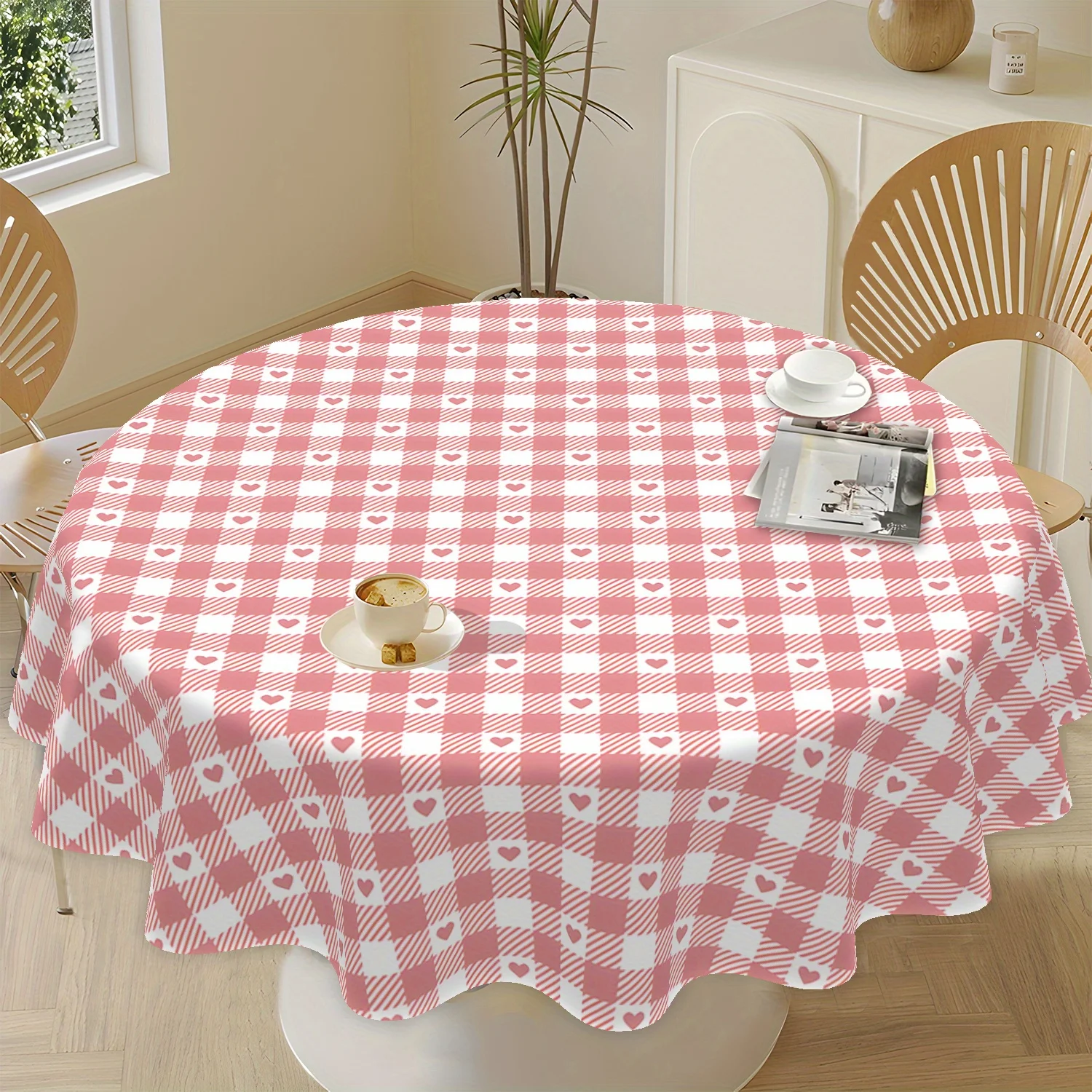 1 lovely love and grid pattern tablecloth, round 100% polyester, machine washable, pink and white plaid