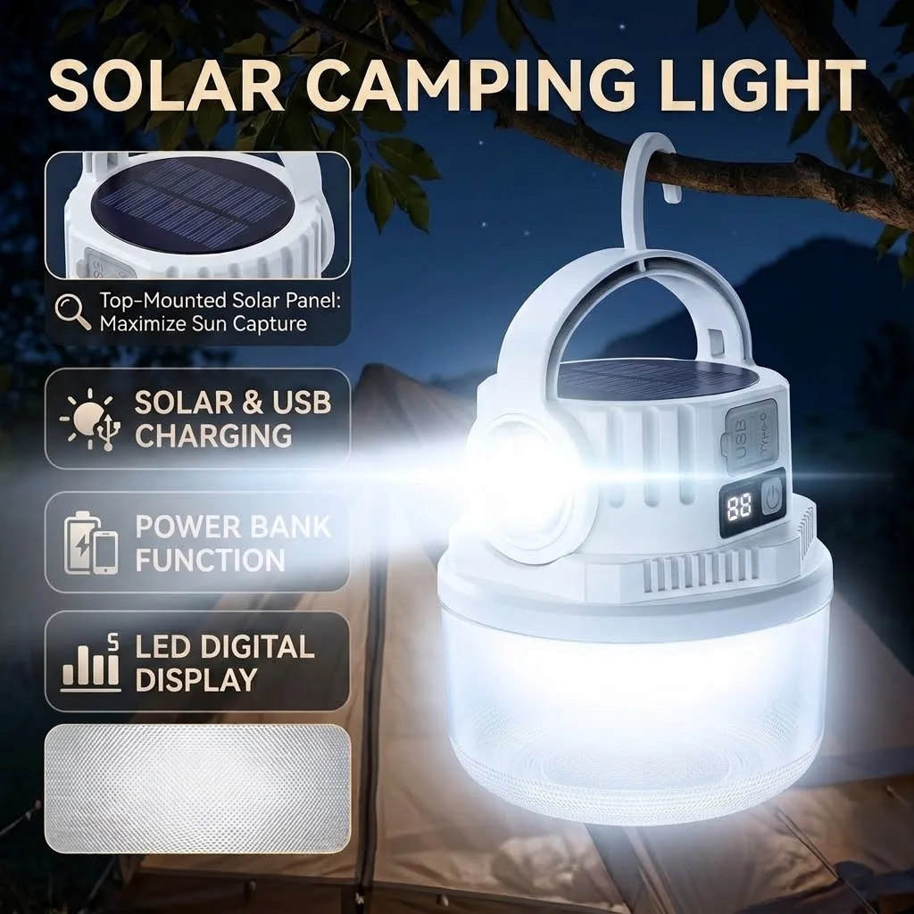 Lámpara Solar de Camping 2 en 1: Luz Doble y Linterna LED Portátil