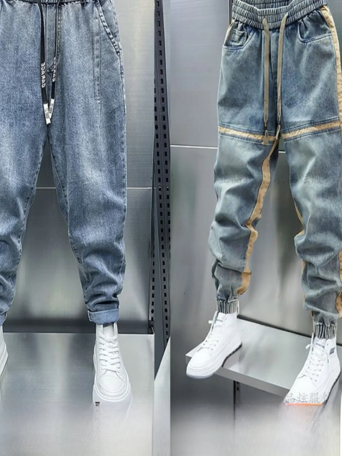 

Большие размеры 300, повседневные джинсовые брюки в стиле ретро, мужские брюки с завязками в американском стиле, дышащие свободные прямые джинсы