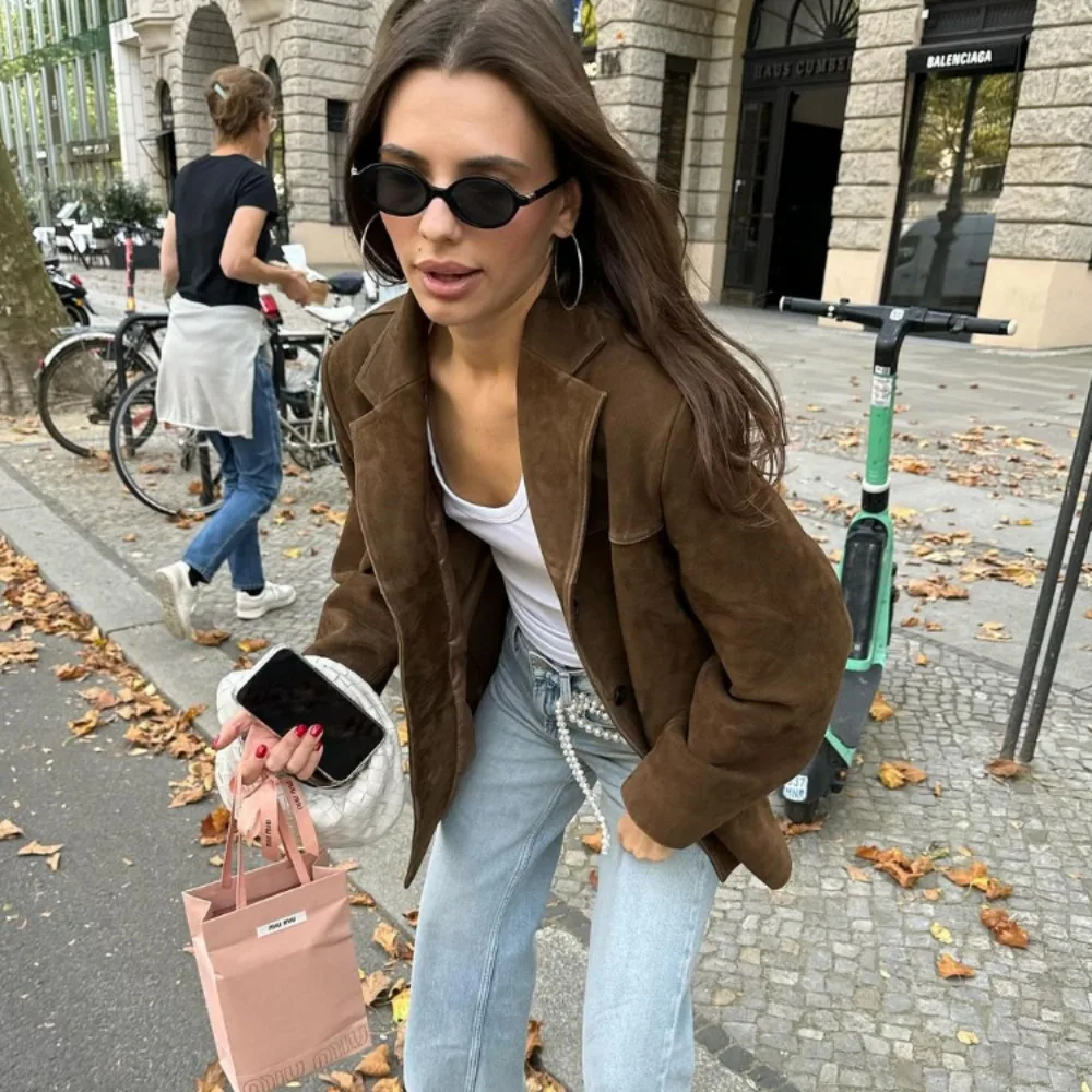 Chic Brown Suede Jacket For Women Elegant Lapel Long Sleeve Single Breasted Pockets Coats Autumn Office Lady Commuting Outwear