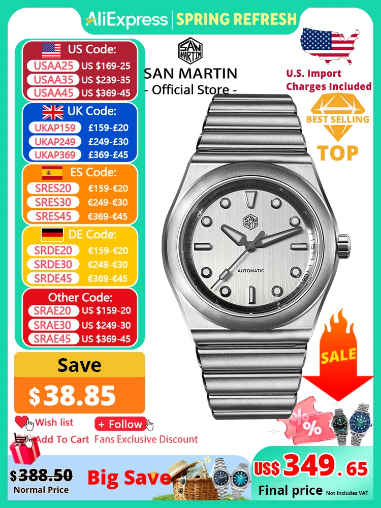 

San Martin 40mm Men Sports Watch SS Brushed Dial Integrated Bracelet Miyota 90S5 Original Design Automatic Mechanical SN0149