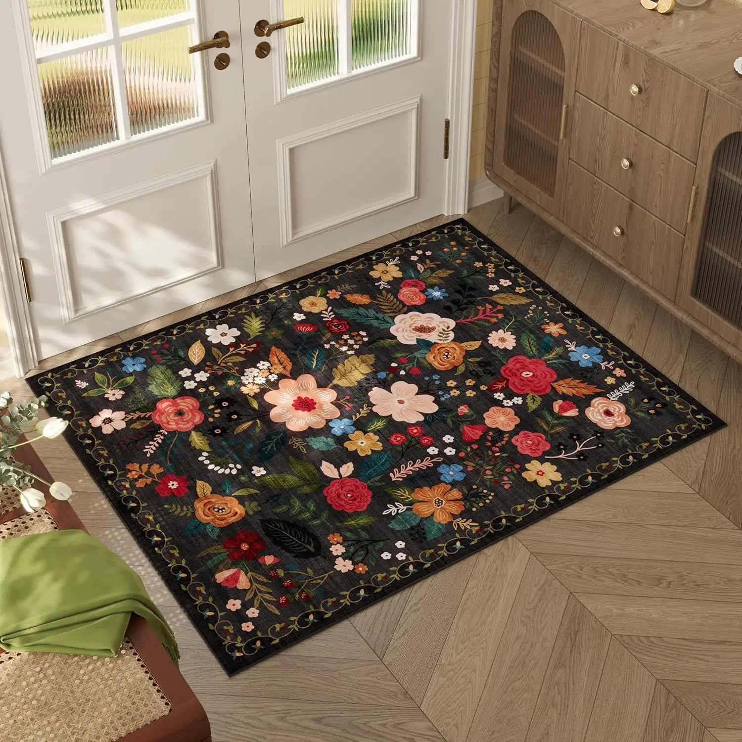 American Bohemian Style Floral Soft Anti‑Slip Point Plastic Backing Floor Carpet for Bedroom Living Room Indoor Home Decoration