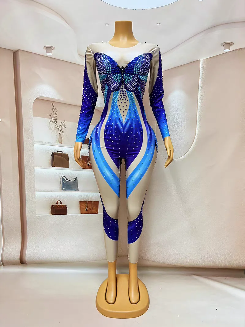 Female Costume Blue Butterfly Rhinestones Jumpsuits Sexy Leotard Crystals Bodysuit Nightclub DJ Singer Dancer Party Show Tights