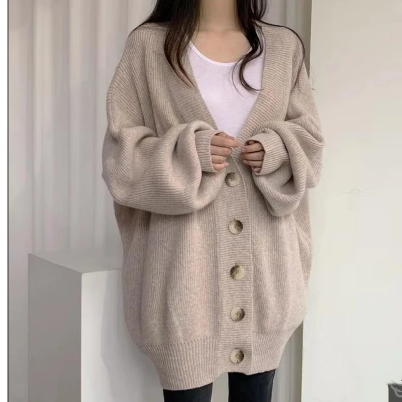 V-neck Button Up Knitted Cadigan Coat Thicked 2023 Autumn Winter Korean Vintage Lantern Sleeve Oversized Sweater Cardigan femme