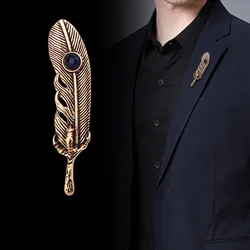 New Vintage Metal Feather Brooch Crystal Leaf Lapel Pin and Brooches Coat Suit Badge Luxury Jewelry for Women Men Accessories