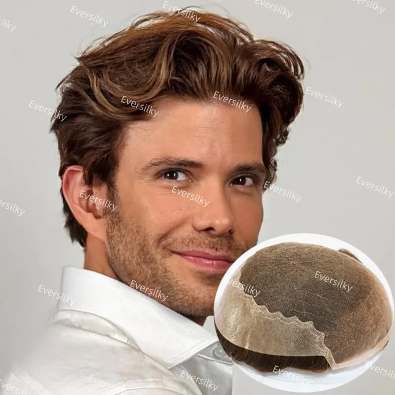 كثافة 110%-130% # 4 # 6 # 7 شعر بشري هندي 100% بني فاتح، دانتيل سويسري ناعم وشعر مستعار للرجال # 20 # 22 شعر أشقر بني فاتح