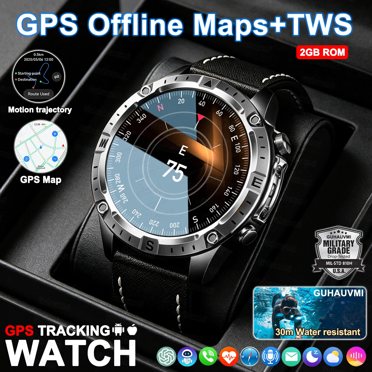 

Smart Watch Men GPS Track High End watch Swim Waterproof Watches six axis sensor Sports 2GB Memory GPS Map Compass Smartwatch