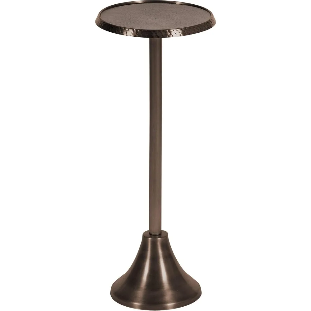 Sanzo Modern Pedestal Drink Table, 9 x 9 x 23, Bronze, Decorative End Table with Hammered Tabletop