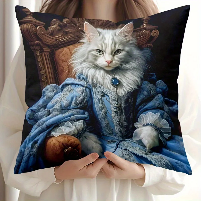 Royal Cat on Throne Fantasy Print Decorative Pillowcase Cushion Cover for Living Room Home Decor Pet Gift 45x45cm