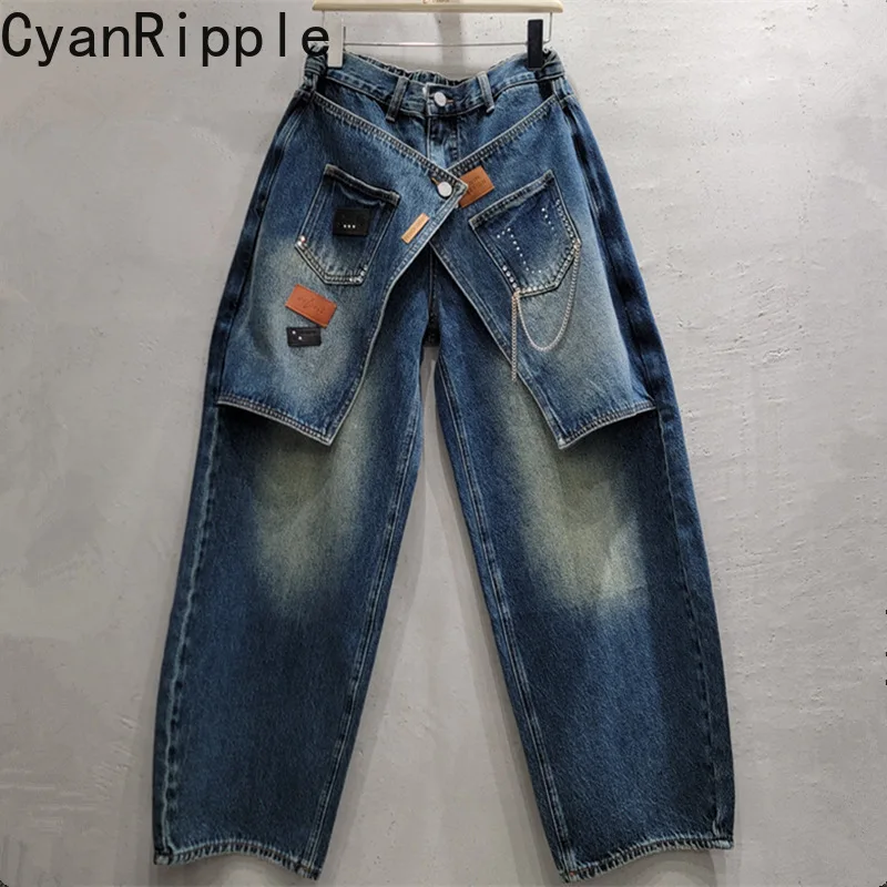 2026 New Autumn All-match High Waist Wide Leg Jeans Hot Chick Patch Embroidery Faux Two-piece Floor-length Casual Denim Pants