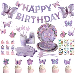 Purple Butterfly Disposable Tableware Baptism Gender Reveal Baby Shower Supplie Banner Paper Plate Butterfly Birthday Party Deco