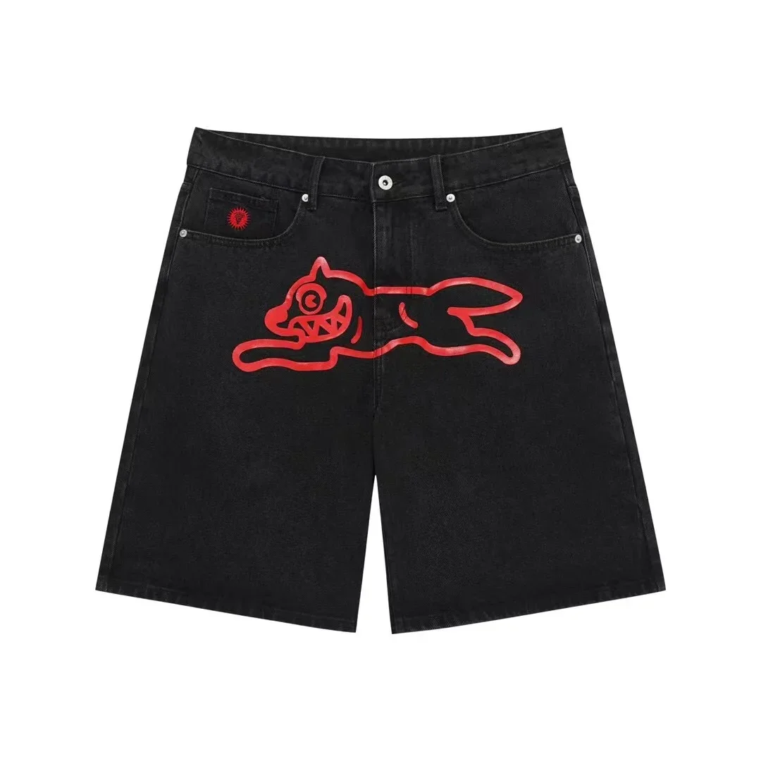 New Summer Y2k Streetwear Men's Denim Shorts Hip Pop Dog Printed Male Knee Length Jeans Wide Leg Baggy Shorts Pants