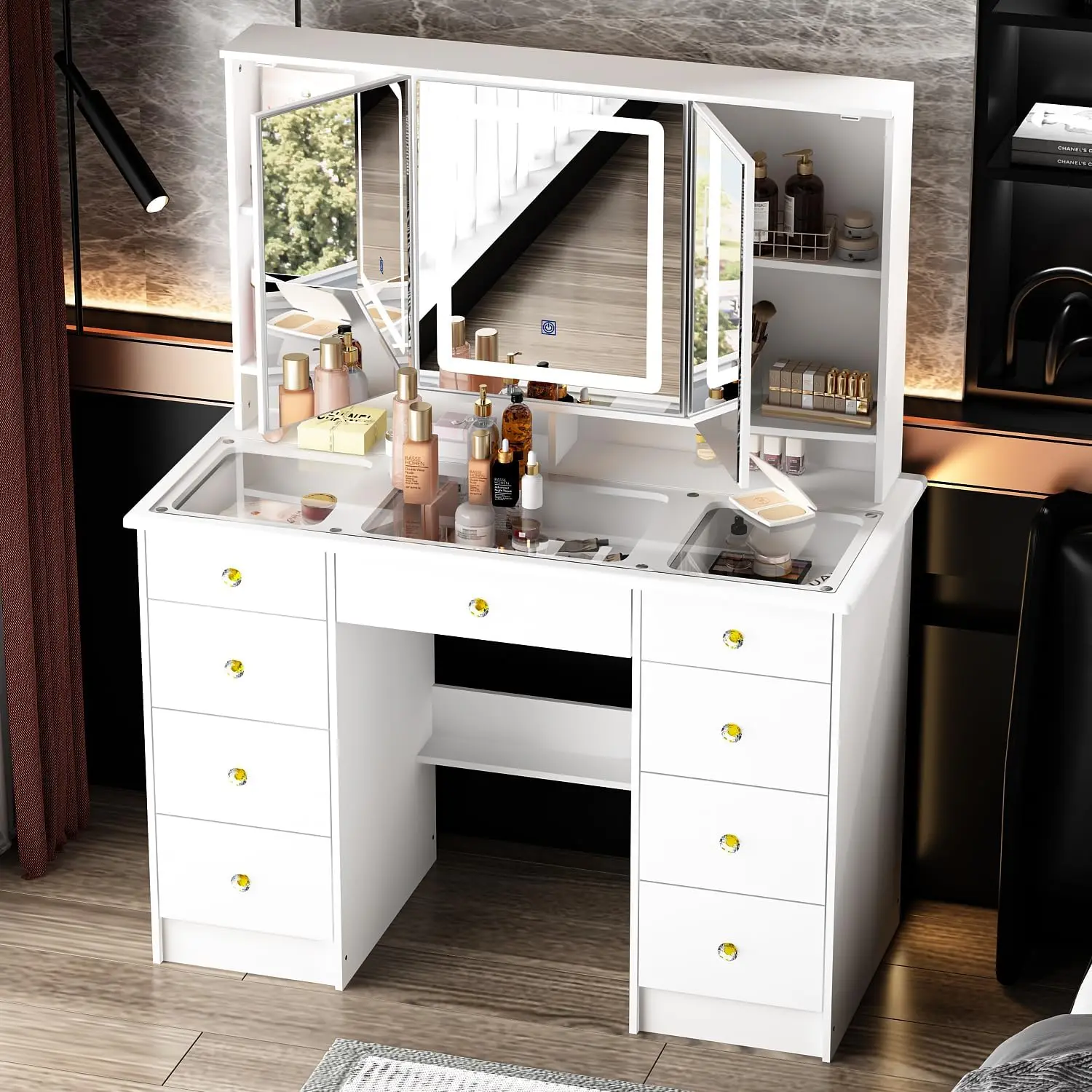 Homsee Makeup Vanity Desk with 3 Mirrors, Glass Top, Lights & Hidden Storage, Modern Dressing Table Vanity Table with Drawers, L